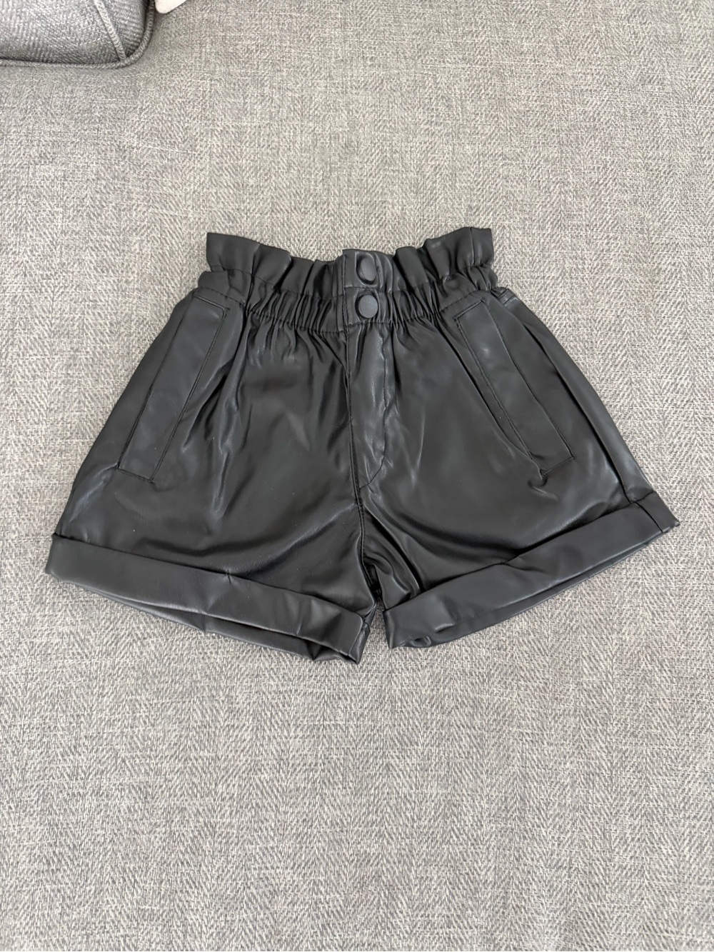 Zara Black Faux Leather Paperbag Shorts with Cuffed Hem